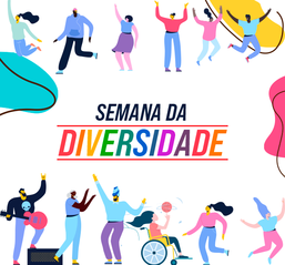 Imagem com pessoas de diversas cor de pele e características físicas. Ao centro está escrito Semana da Diversidade com as letras da palavra Diversidade coloridas
