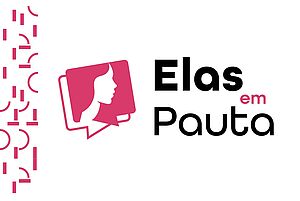 Imagem da Notícia Imagem escrito Elas em Pauta em preto, com logotipo rosa, em fundo branco