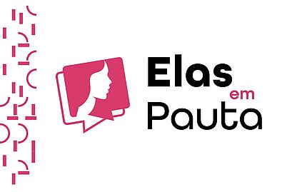 Imagem da notícia Imagem escrito Elas em Pauta em preto, com logotipo rosa, em fundo branco