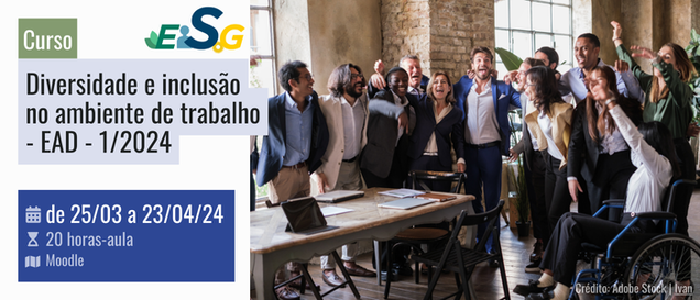 Curso: Diversidade e inclusão - EAD - 1/2024 EAD Autoinstrucional De 25/03 a 23/04 (inscrições até 16/04) Carga horária: 20 horas-aula  #Audiodescrição Banner retangular contendo uma foto de cerca de 14 pessoas comemorando em volta de uma mesa de trabalho, cheio de pastas e um notebook. Todos vestem roupas corporativas, alguns levantam as mãos ao alto, muitos estão abraçados. São homens, mulheres, adultos de variada idade, cor de pelo e fenótipos, e também há uma mulher em cadeira de rodas.