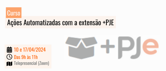 #TextoAlternativo  Curso: Curso: Ações Automatizadas com a extensão +PJE Palestrante: Fernando de Medeiros Marcon (Servidor do TRT12 e Desenvolvedor da Extensão +PJe) Dias 10 e 17/04/2024, das 9h às 11h. Telepresencial (Zoom) Carga horária: 4 horas-aula Público-alvo: Magistrados(as) e servidores(as) do TRT2, preferencialmente Diretores de Varas do Trabalho EJUD2, 30 anos, 1993 a 2023. Inscrições no site da EJUD2.  #Audiodescrição: Banner quadrado com fundo branco, contendo a logo da aplicação extensão +PJE, consistindo no ícone de uma caixa, na cor preta, com enfoque em um de seus vértices, acompanhado do símbolo “+” e da logo do PJe. Abaixo a logo da EJUD, na cor tradicional vermelha, se apresenta como um selo de 30 anos, com os 3 quadrados já tradicionais da EJUD2, trazendo o ano inscrito no quadrado maior. Abaixo desse 30 anos, e ao lado do quadrado médio, está escrito EJUD2 e mais abaixo, ao lado do quadrado menor, em tamanho menor também, o período de 1993 a 2023. Na parte inferior do banner, uma tarja laranja aparece com as informações de inscrição pelo site.