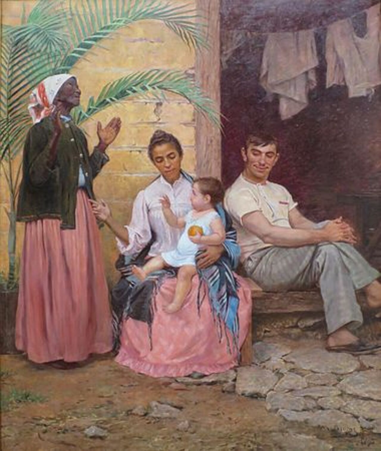 A pintura mostra uma mulher preta idosa, provavelmente a avó, com as mãos erguidas em oração ou celebração. Ao lado dela, sentada, está uma mulher mestiça, segurando uma criança de pele clara no colo. Perto deles, um homem branco, com uma expressão de satisfação, está sentado relaxado.