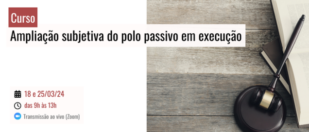 #TextoAlternativo Curso: Ampliação subjetiva do polo passivo em execução Dias 18 e 25 de março de 2024, das 9h às 13h Palestrante: Juiz Cácio Oliveira Manoel (Juiz substituto (TRT21)) Transmissão ao vivo (ZOOM) Carga horária: 8 horas-aula Público-alvo: Público interno Realização: EJUD2  #Audiodescrição: Banner quadrado com fotografia de uma balança contendo, em cada prato, ilustrações das logos de mídias sociais populares.  Abaixo a logo da EJUD2, na cor branca, composto por 3 quadrados em tamanho crescente da esquerda para direita, de baixo para cima. Ao lado do quadrado maior, está escrito EJUD2 e mais abaixo, em tamanho menor, “Escola Judicial do Tribunal Regional do Trabalho da 2ª Região” .  Na parte inferior do banner, uma tarja vinho aparece com as informações de inscrições pelo site.  Informações e inscrições: https://bit.ly/4bHDULN