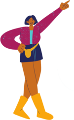 Ilustração de uma mulher negra, de cabelo escuro curto e liso, apontando o dedo esquerdo para cima com o braço esticado e o outro braço dobrado na cintura. Ela está de pé com um passo cruzado. Ela veste uma blusa azul sob um casaco rosa, saia azul marinho, calça laranja, bota e bolsa amarela.