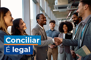 Imagem da Notícia Imagem oficial da Semana, com várias pessoas em apertos de mãos e a frase "Conciliar é legal" em fundo azul