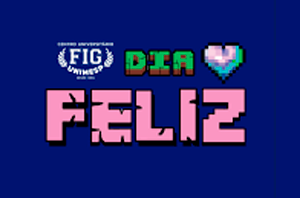 Imagem da Notícia A imagem tem um fundo azul escuro e apresenta, ao centro, a frase “DIA FELIZ” em estilo pixelado que lembra jogos retrô. A palavra “DIA” aparece em verde, seguida de um coração pixelado em tons de azul, rosa e branco. Logo abaixo, a palavra “FELIZ” é exibida em letras grandes e rosa claro. No canto superior esquerdo, está o logotipo da FIG Unimesp, composto por ramos de louro brancos envolvendo o nome da instituição.