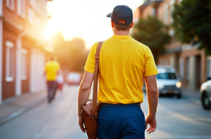 Imagem da Notícia Imagem de homem visto de costas, com uniforme dos Correios, caminhando por rua ensolarada