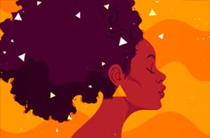 Imagem da Notícia Ilustração vetorial do perfil de uma mulher negra de olhos fechados e cabelo crespo volumoso, sobre fundo laranja com formas onduladas.