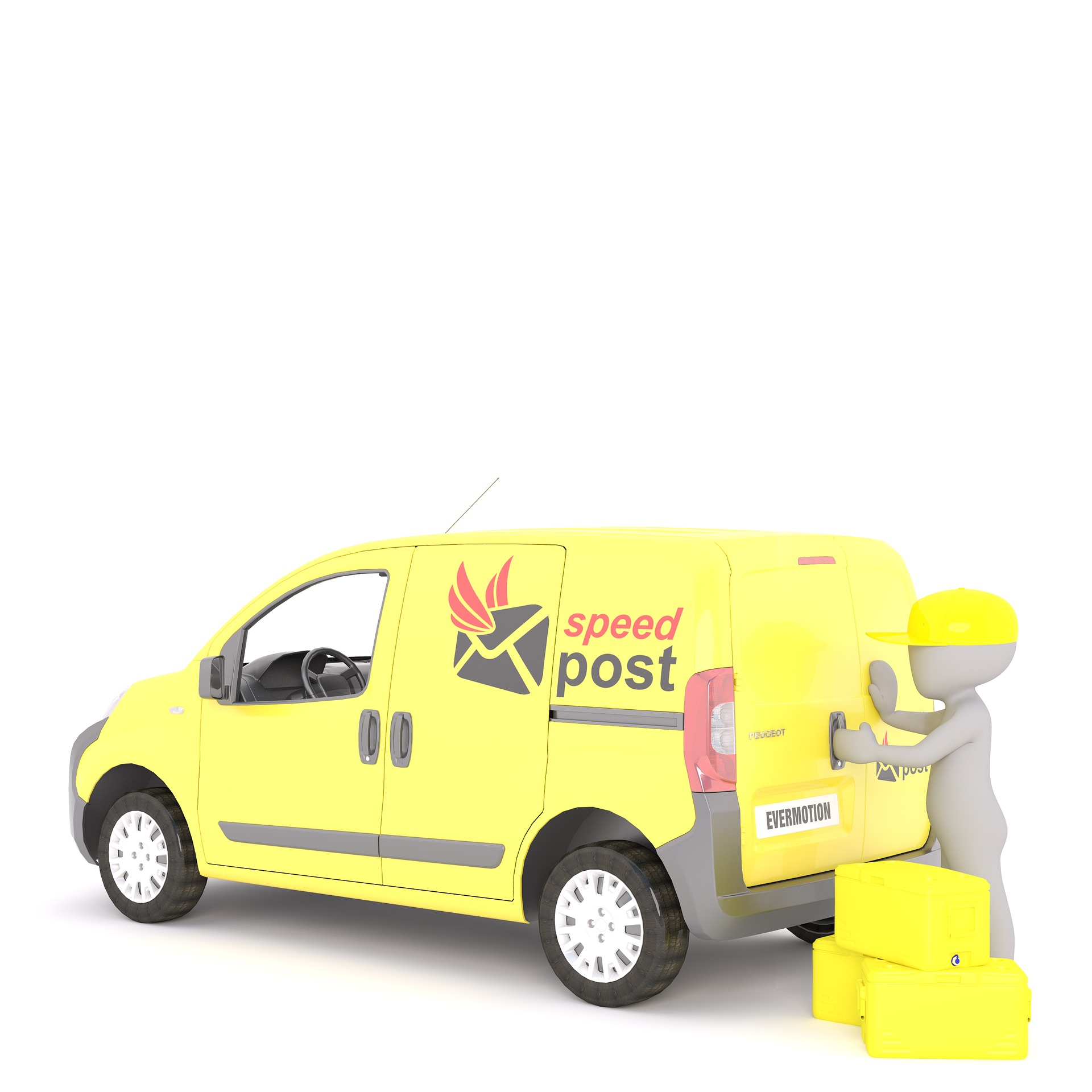 imagem de carro de entregas amarelo com um boneco
                  cinza de boné amarelo fechando as portas do fundo do
                  carro e três caixas amarelas em sua frente