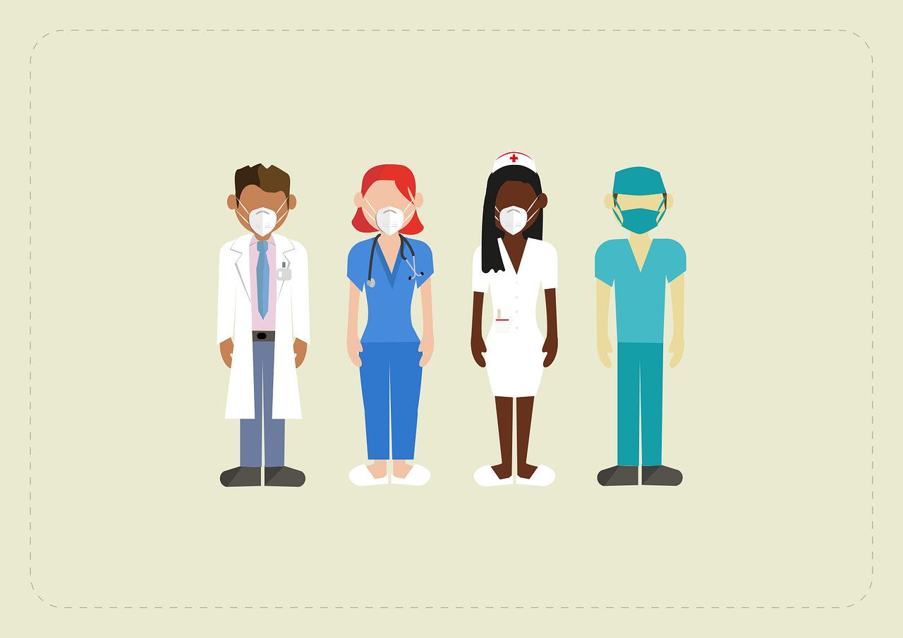 Desenho representando 4 profisisioanais de
                    saúde cada um com um tom de pele, cabelo e roupa
                    diferentes (o casal da esquerda pelas vestimentas
                    está representando médicos e o da direita
                    enfermeiros) todos usando máscaras.