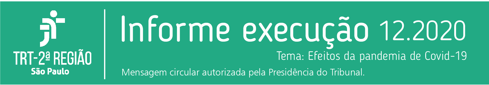Cabeçalho do informativo de execução do TRT2: sobre fundo
      verde em letras brancas: Informe execução 12.2020 Tema: Efeitos da
      pandemia de Covid-19. Mensagem Circular autorizada pela
      presidência do Tribunal.