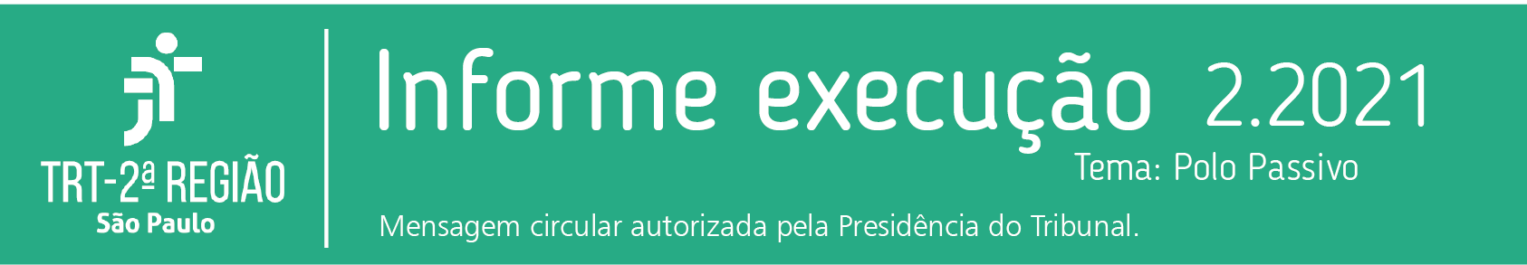Cabeçalho do informativo de execução do TRT2: sobre fundo
      verde em letras brancas: Informe execução 2.2021 Tema: Polo
      Passivo. Mensagem Circular autorizada pela presidência do
      Tribunal.