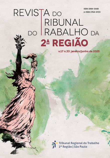 Capa da Revista do TRT2 v.17 n.33 janeiro/junho de 2025: sobre um fundo aquarelado em tons de verde, bege  uma mulher remetendo à Deusa Vitória, segura nas mãos voltadas para o céu uma tocha e um ramo de louro.