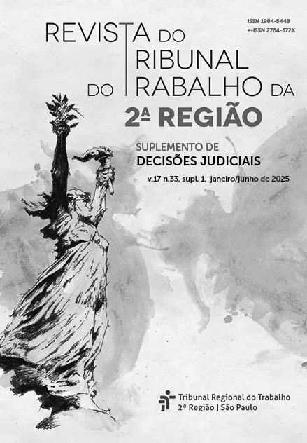 Capa do Suplemento: sobre fundo aquarelado em preto e branco imagem estilizada da deusa Themis levantando uma tocha com uma das mãos e segurando um ramo de oliveira na outra. Em letras pretas se lê: Revista do Tribunal do Trabalho da 2. Região, Suplemento de decisões judiciais, v. 17 n. 33 janeiro/junho 2025.