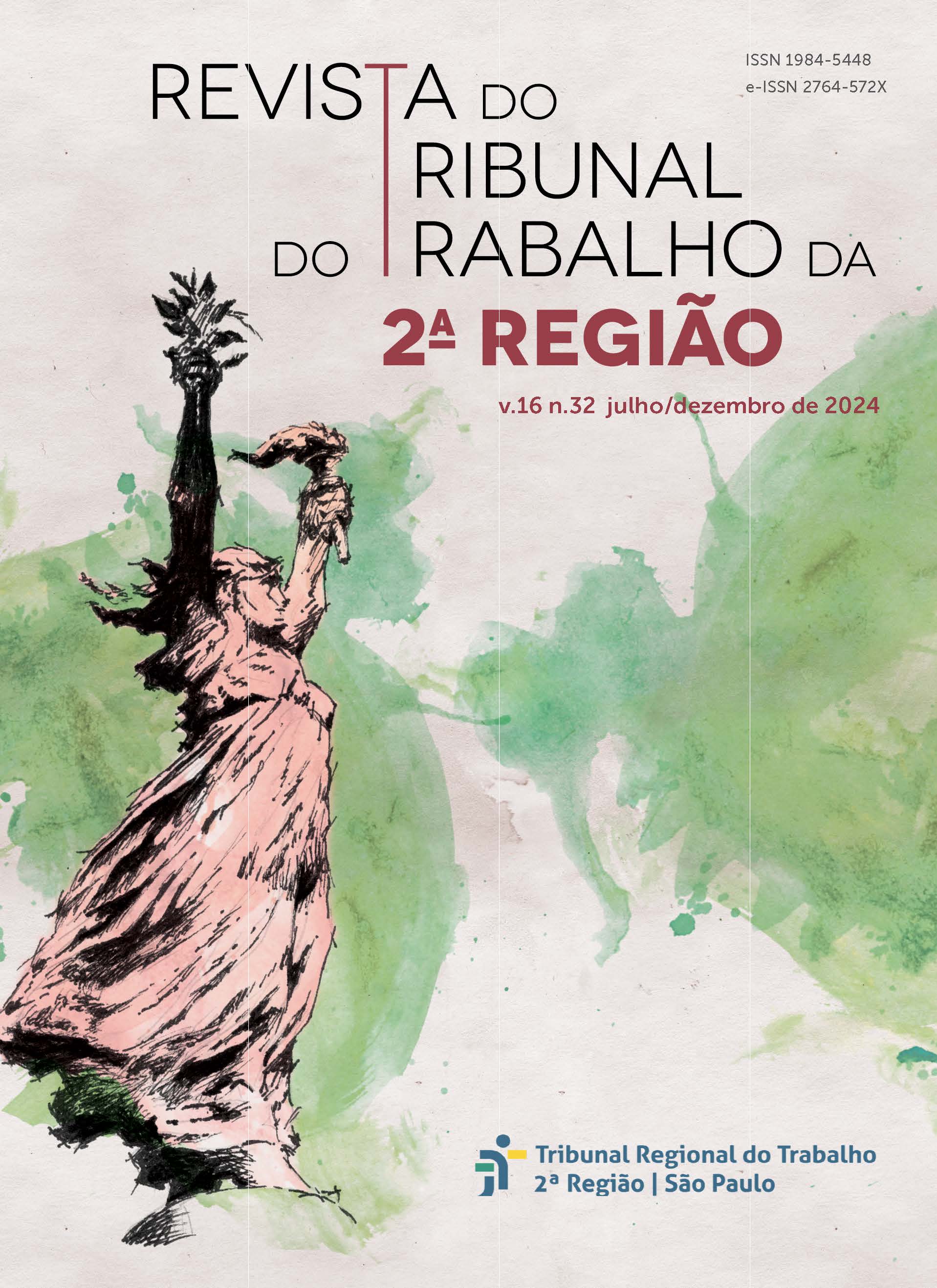 Capa da Revista do TRT2 v.16 n.32 julho/dezembro de 2024: sobre um fundo aquarelado em tons de verde, bege  uma mulher remetendo à Deusa Vitória, segura nas mãos voltadas para o céu uma tocha e um ramo de louro.