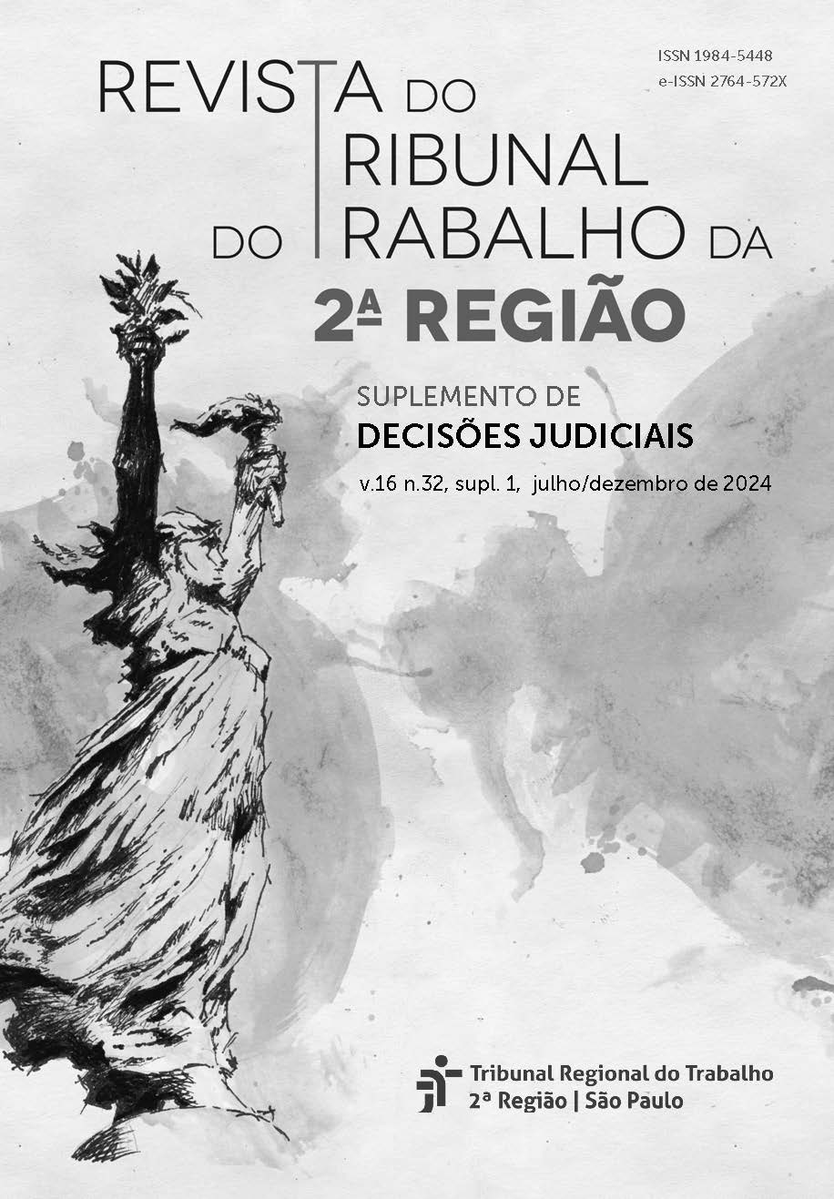 Capa do Suplemento: sobre fundo aquarelado em preto e branco imagem estilizada da deusa Themis levantando uma tocha com uma das mãos e segurando um ramo de oliveira na outra. Em letras pretas se lê: Revista do Tribunal do Trabalho da 2. Região, Suplemento de decisões judiciais, v. 16 n. 33 julho/dezembro 2024.