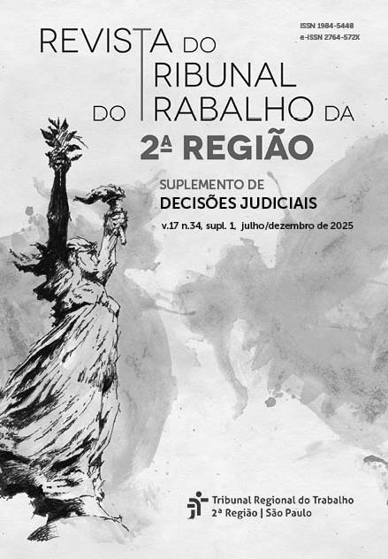 Suplemento: acesse na Basis Capa do Suplemento: sobre fundo aquarelado em preto e branco imagem estilizada da deusa Themis levantando uma tocha com uma das mãos e segurando um ramo de oliveira na outra. Em letras pretas se lê: Revista do Tribunal do Trabalho da 2. Região, Suplemento de decisões judiciais, v. 17 n. 34 julho/dezembro 2025.