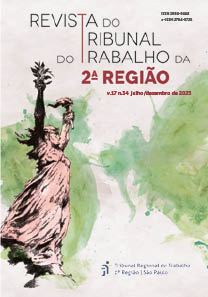 Revista: acesse na Basis Capa da Revista do TRT2 v.17 n.34 julho/dezembro de 2025: sobre um fundo aquarelado em tons de verde, bege uma mulher remetendo à Deusa Vitória, segura nas mãos voltadas para o céu uma tocha e um ramo de louro.
