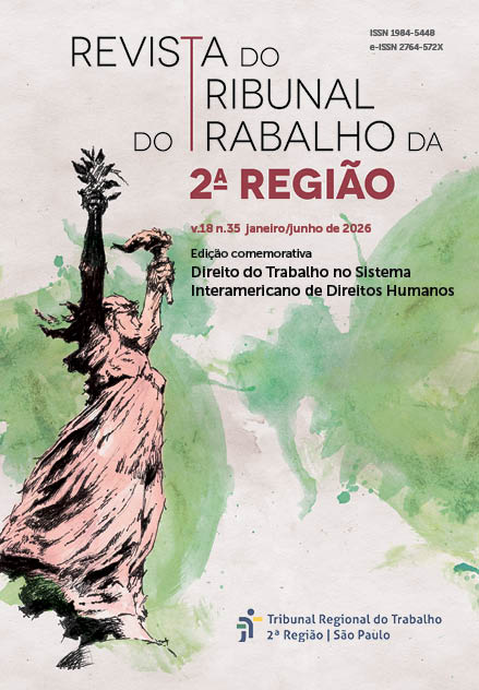 Capa da Revista do TRT2 v.18 n.35 janeiro/junho de 2026: sobre um fundo aquarelado em tons de verde, bege  uma mulher remetendo à Deusa Vitória, segura nas mãos voltadas para o céu uma tocha e um ramo de louro.