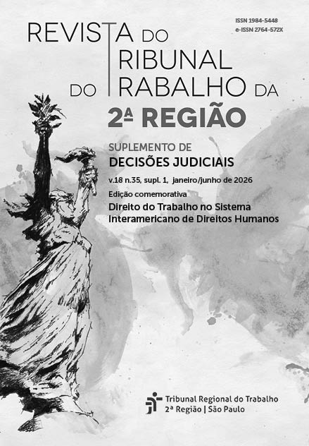 Capa do Suplemento: sobre fundo aquarelado em preto e branco imagem estilizada da deusa Themis levantando uma tocha com uma das mãos e segurando um ramo de oliveira na outra. Em letras pretas se lê: Revista do Tribunal do Trabalho da 2. Região, Suplemento de decisões judiciais, v. 18 n. 35 janeiro/junho 2026.